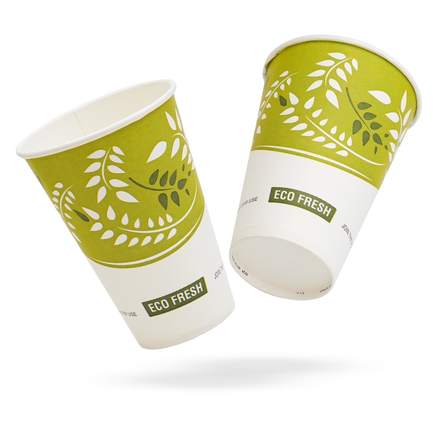 Two BioCup® ECO FRESH biodegradable cups with a green leaf print, floating against a light background